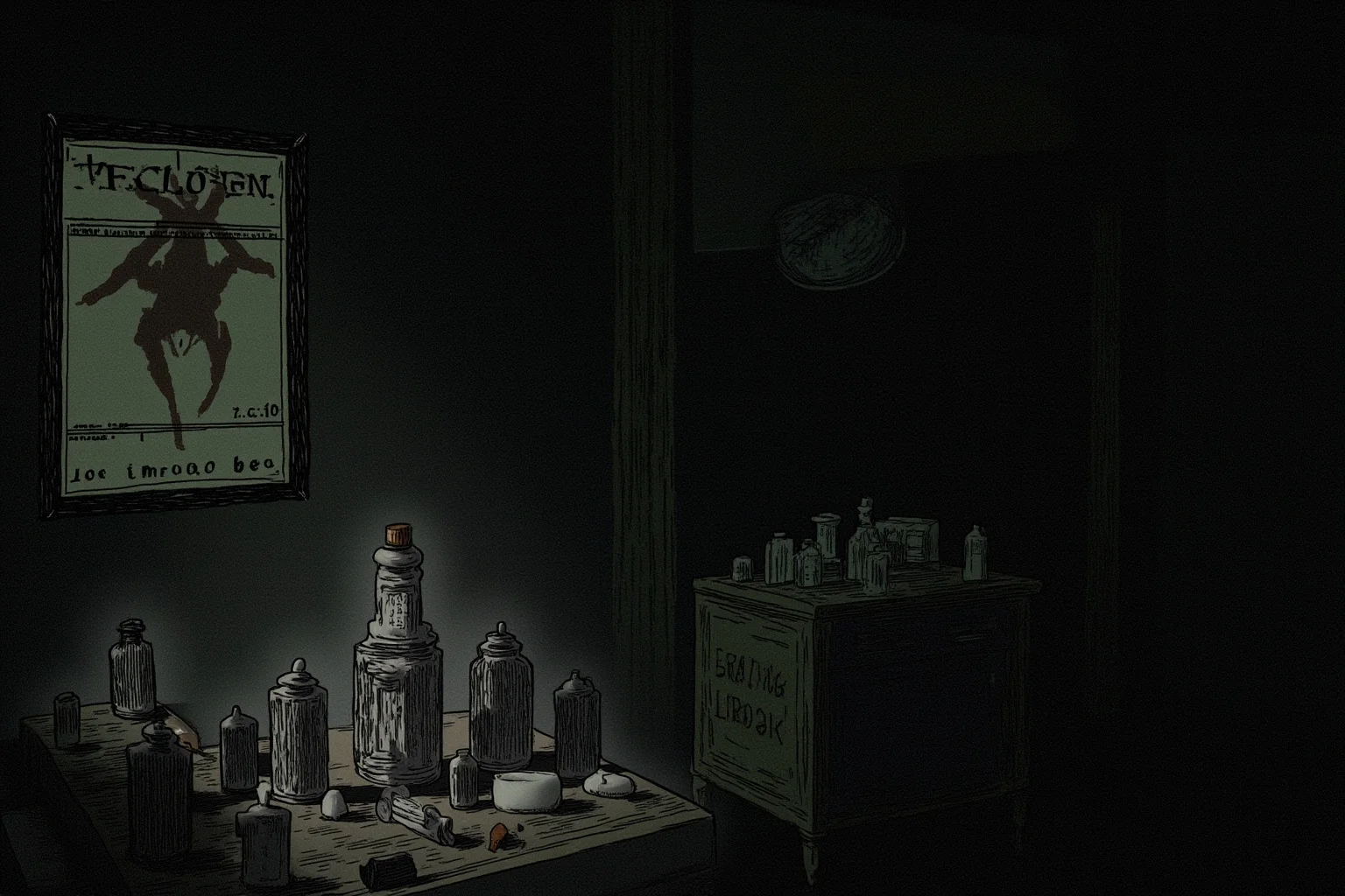 Illustration of a dim Victorian bedroom with medicine bottles on a nightstand, evoking chronic illness