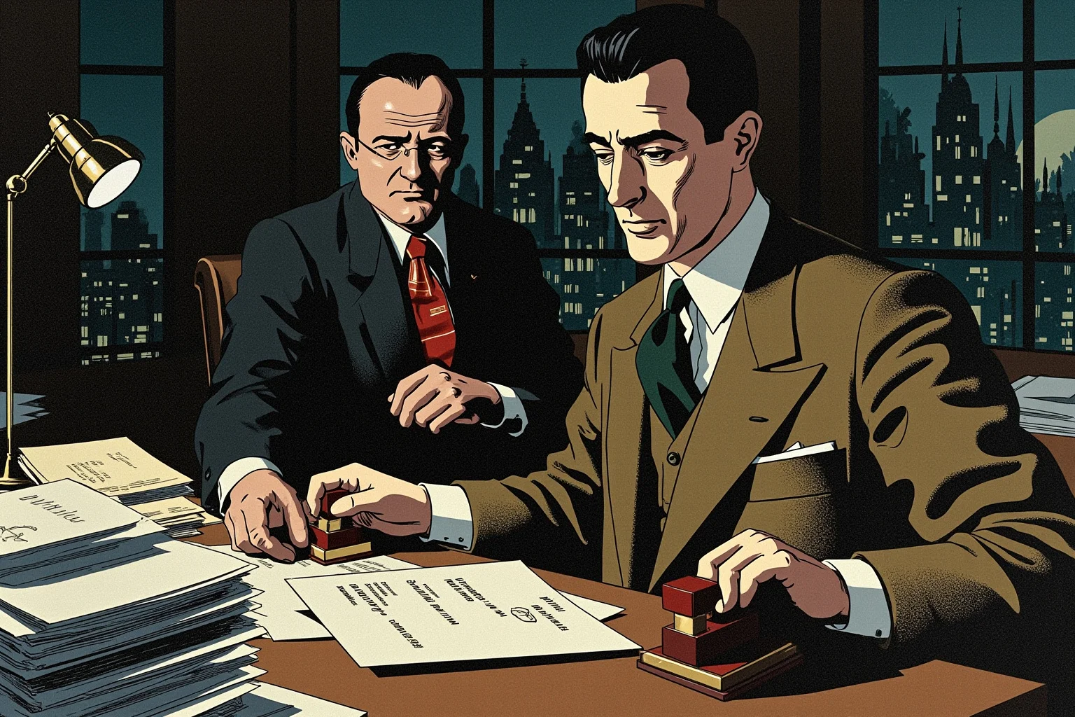 Unsung Heroes History Doesn't Talk About Enough 17 Illustration of a diplomat at a wooden desk stamping travel documents late at night, stacks of paperwork piled around him, 1940s office