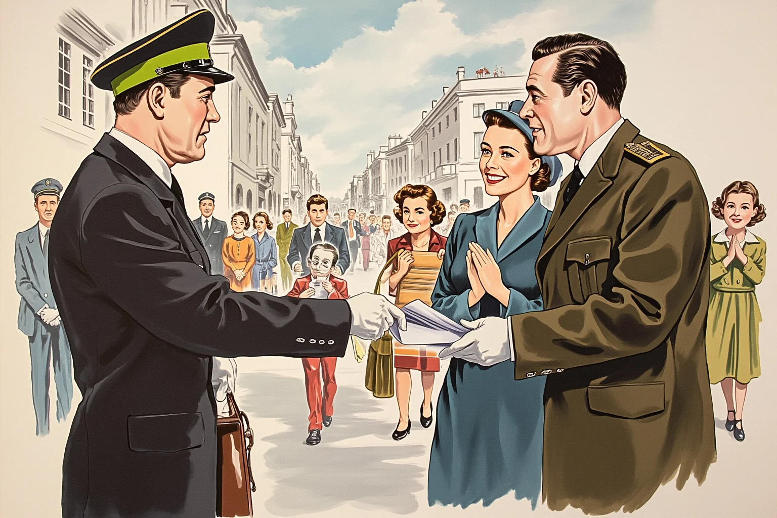 Illustration of a diplomat handing protective papers to a grateful family on a European street, 1940s style