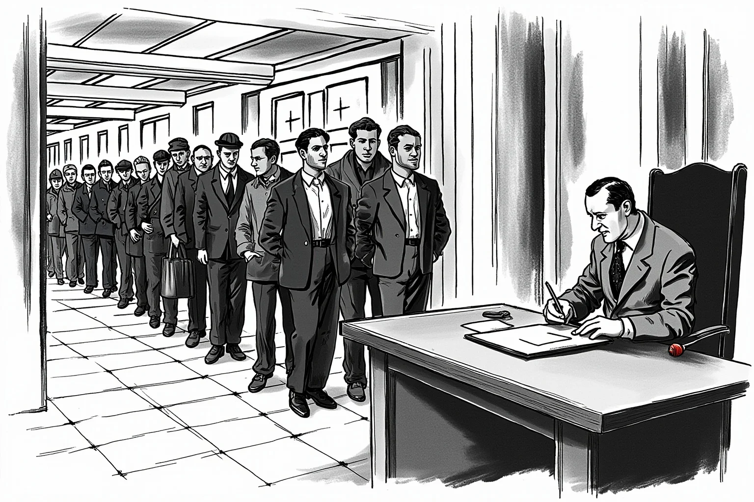 Illustration of a diplomat handwriting documents at a desk while a line of refugees waits outside, 1940s office