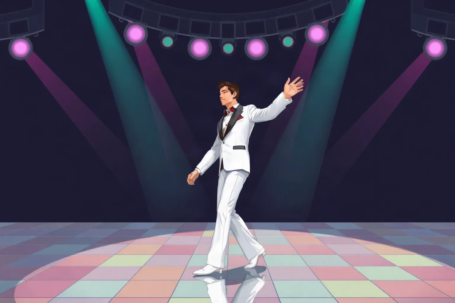 Illustration of a disco-era dancer in a white suit under colorful spinning dance floor lights