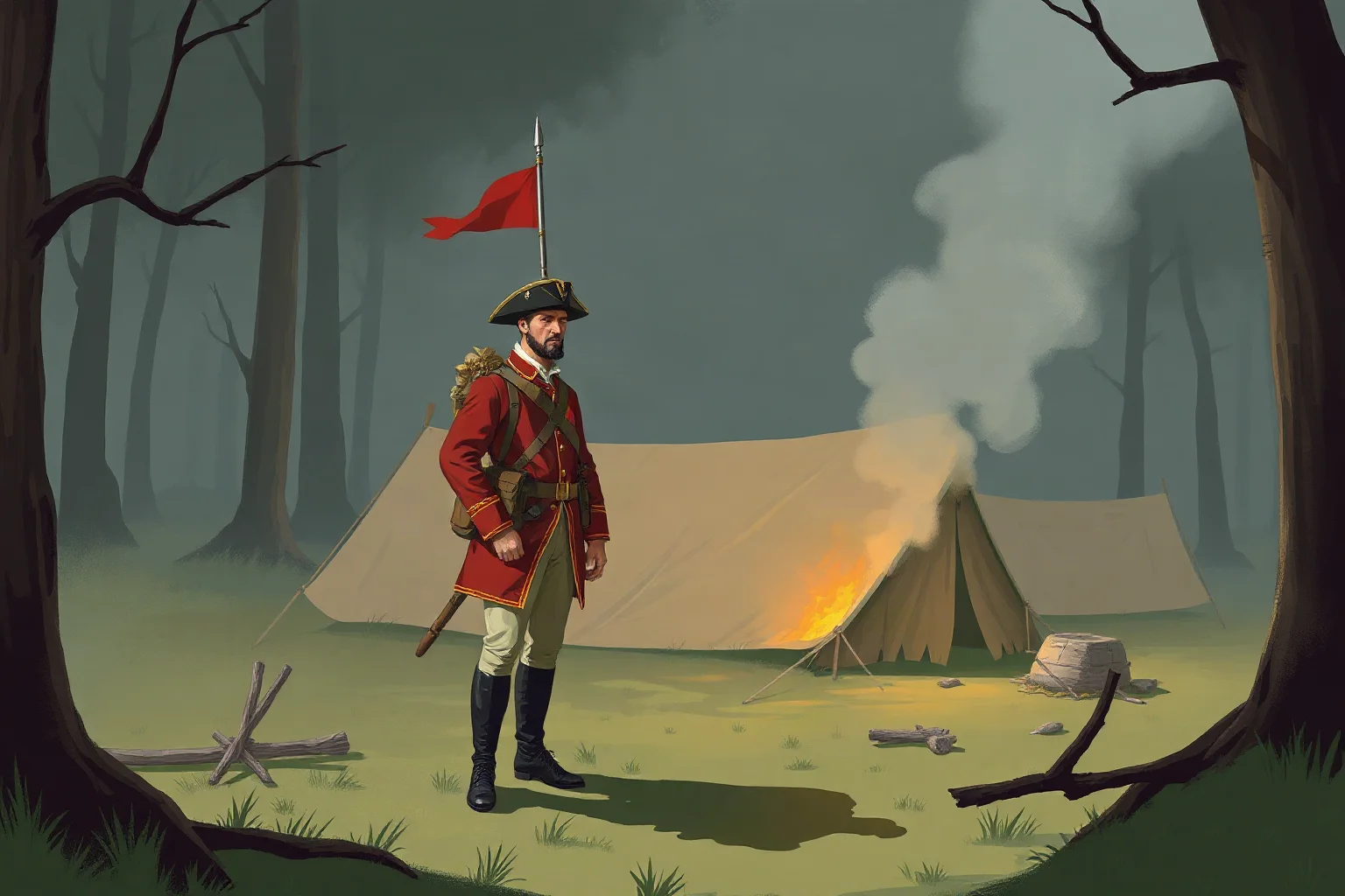 Illustration of a disguised colonial soldier in Continental Army uniform standing at attention in camp