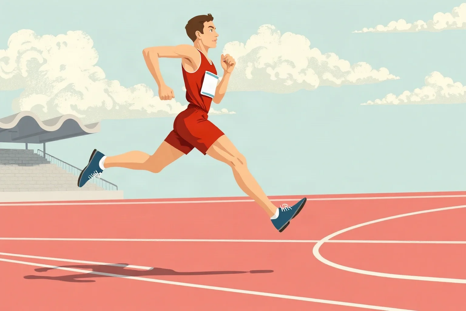 Illustration of a distance runner in mid-stride on an Olympic track, 1950s style