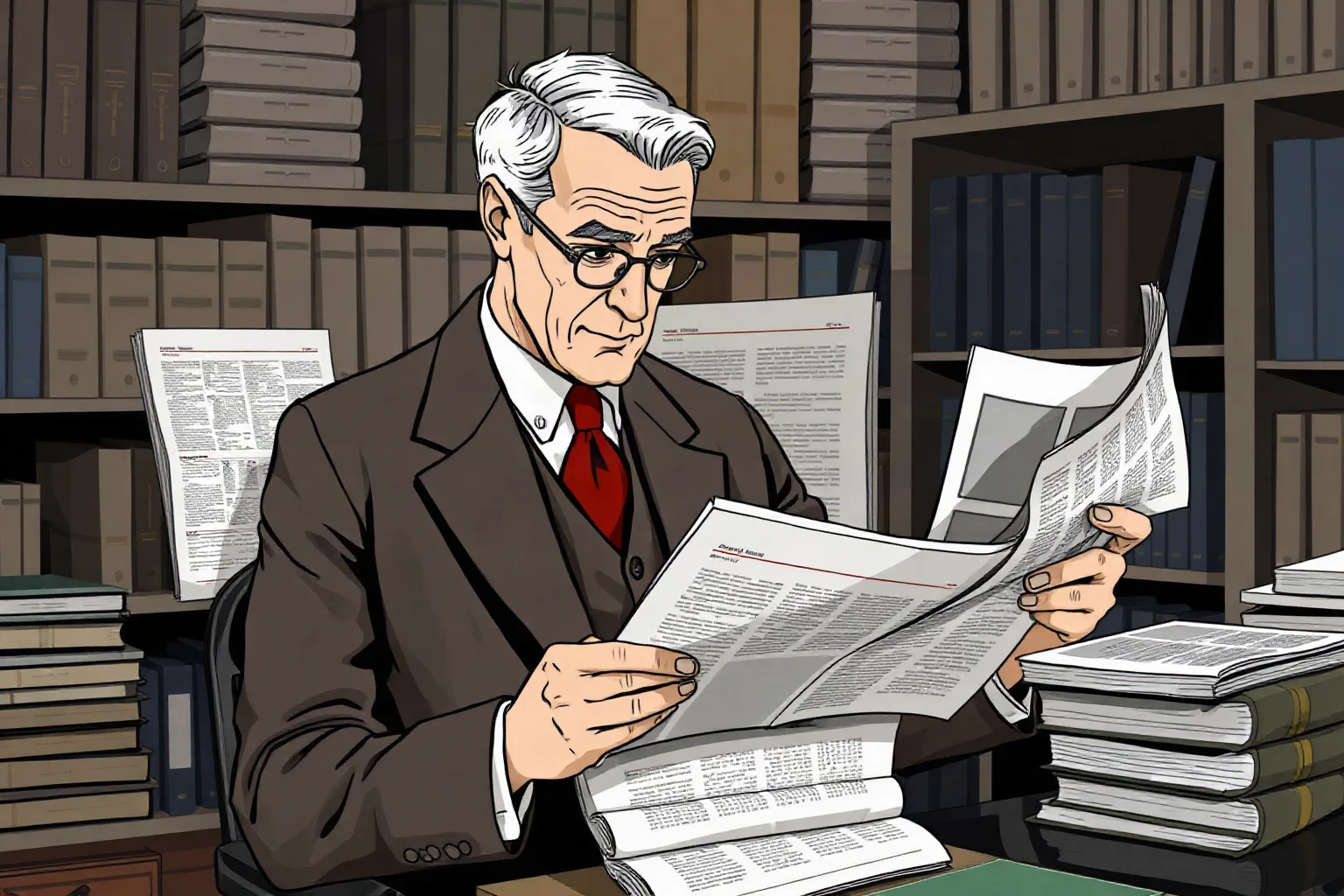 Illustration of a distinguished British-American editor reviewing magazine proofs at a Paris print office, 1920s style