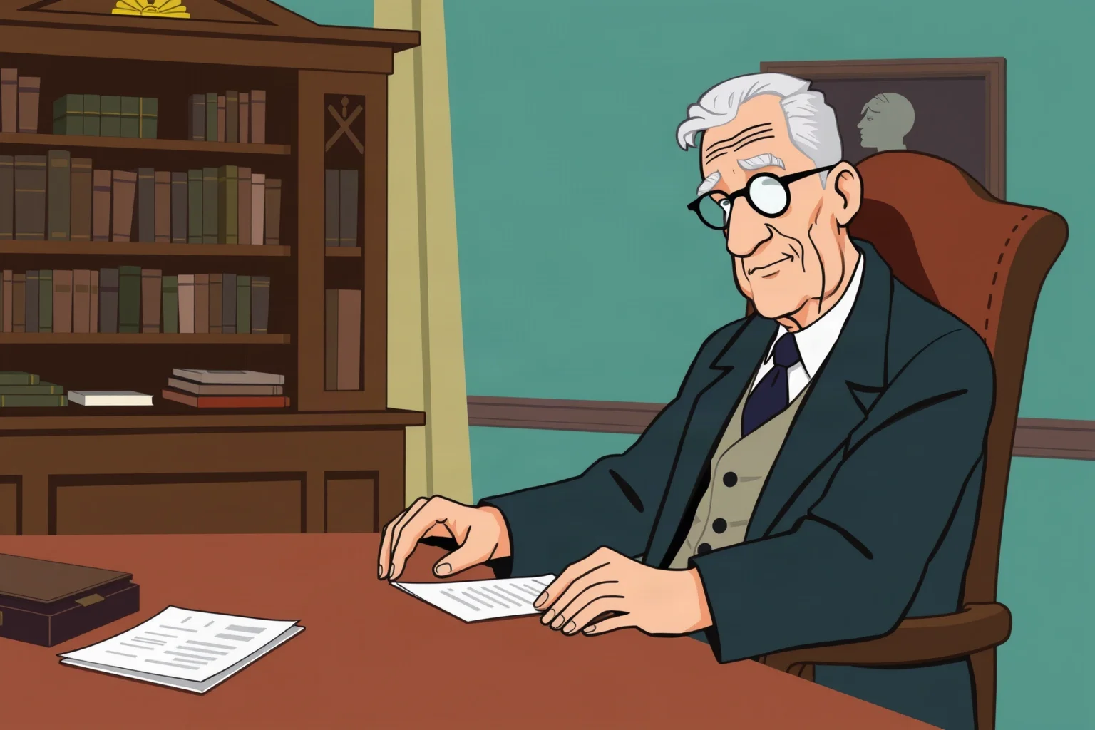 Illustration of a distinguished elderly statesman in a formal coat sitting at a large wooden desk with papers, 1940s illustration style