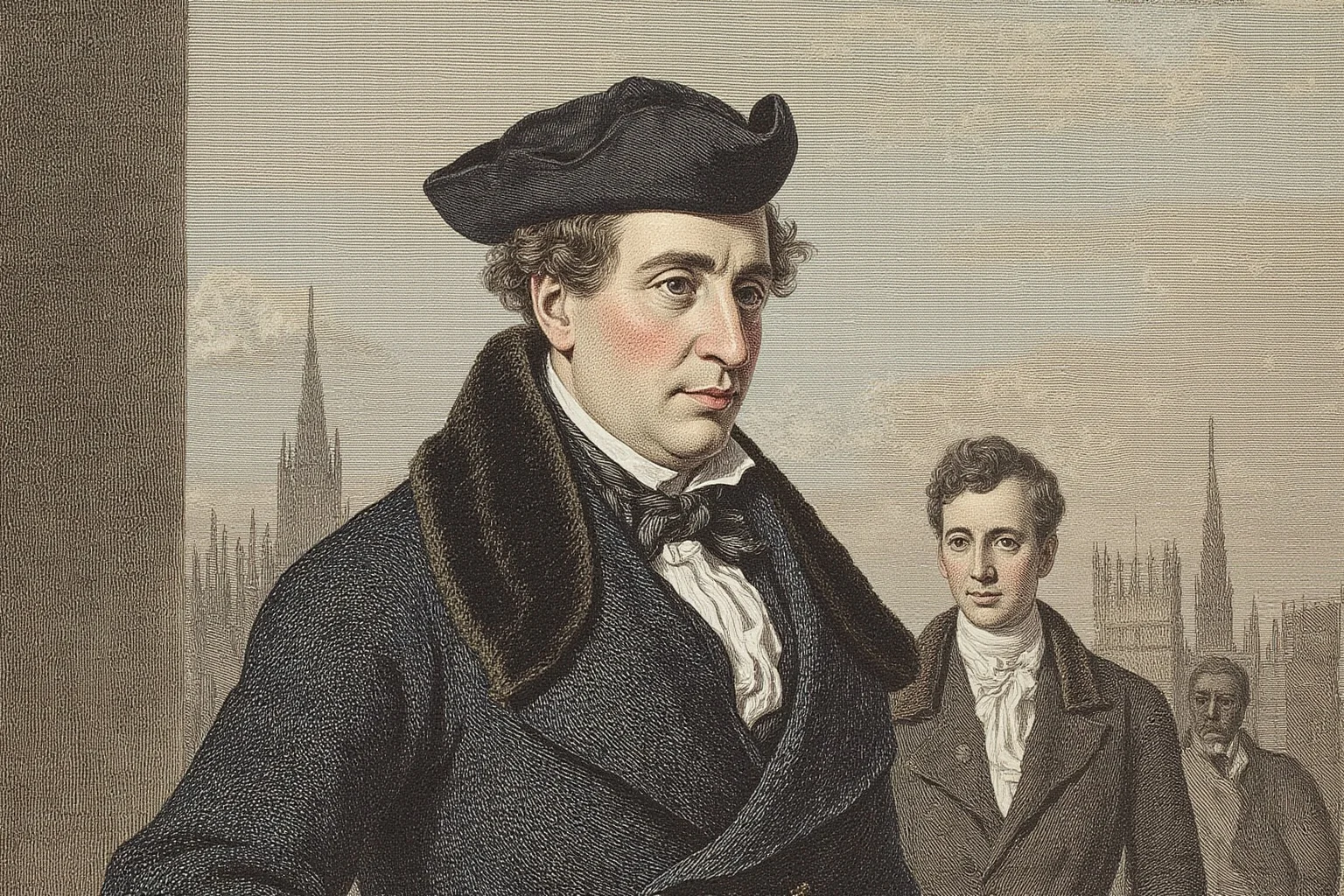 Lord Byron and Lady Caroline Lamb: History's Messiest Love Story 20 Illustration of a distinguished Regency-era statesman in formal attire standing before Parliament