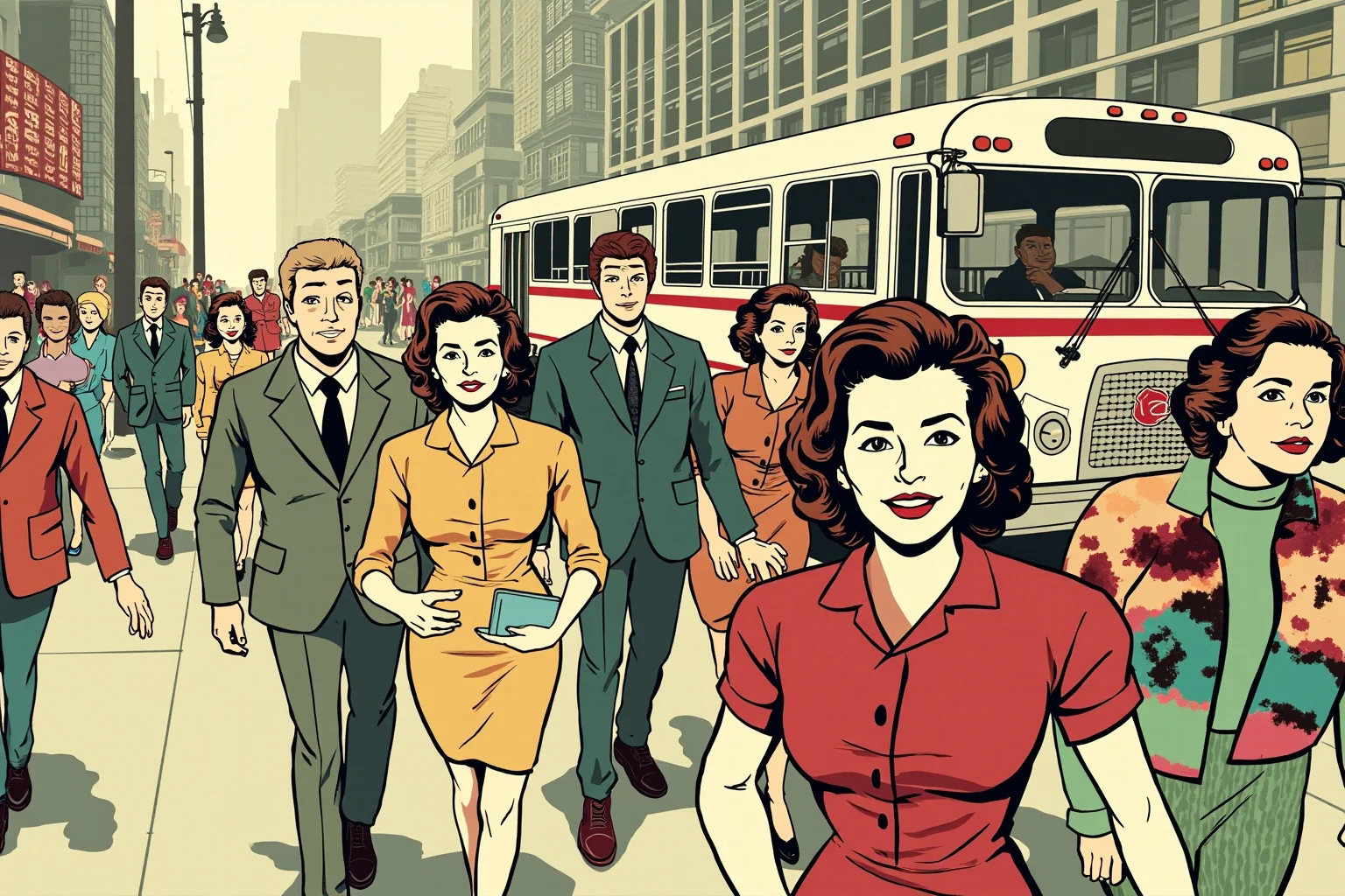 22 Historical Events That Will Restore Your Faith In Humanity 12 Illustration of a diverse crowd walking together down a city street past an empty bus, 1950s-style clothing