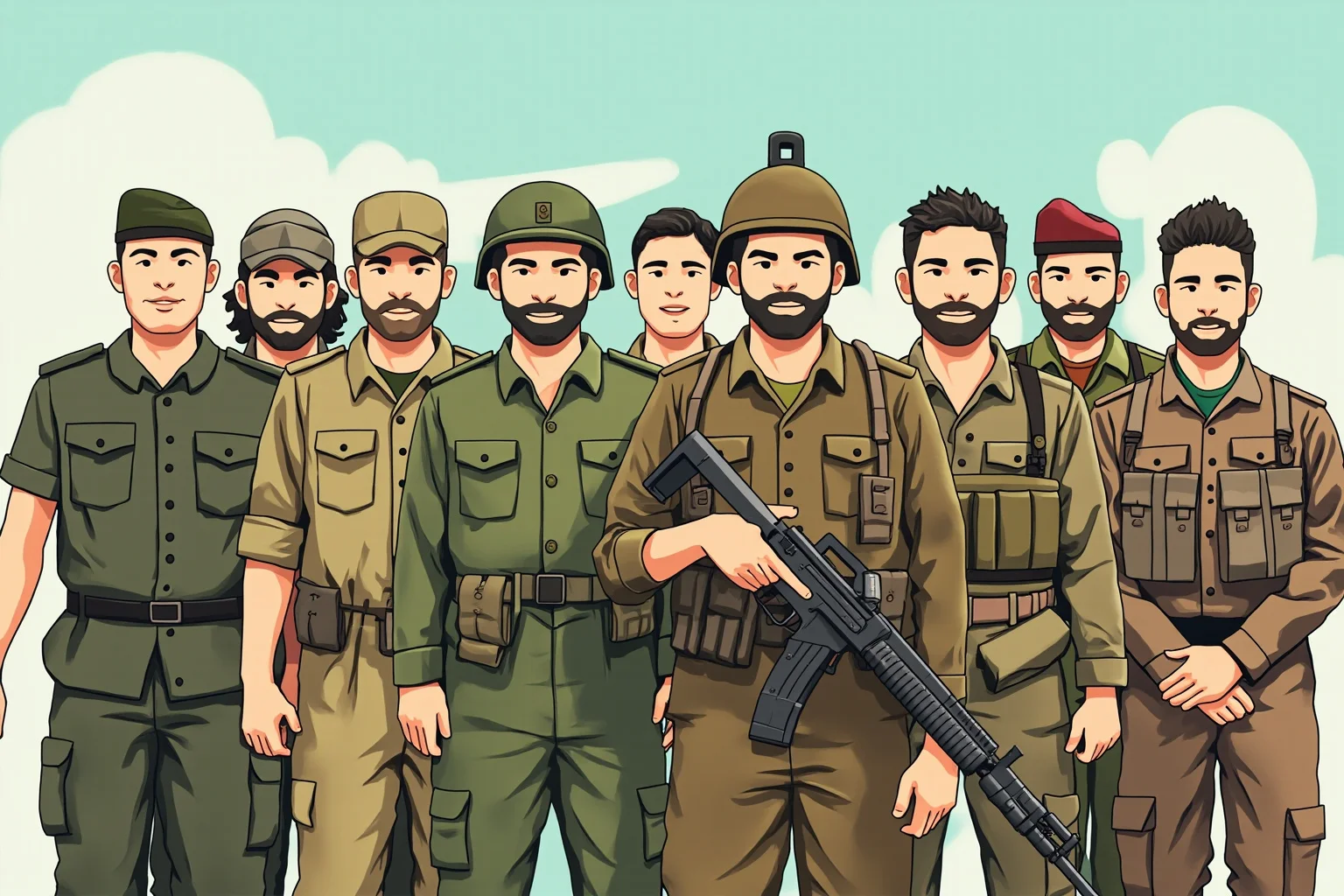 Illustration of a diverse group of international soldiers from different nations standing together