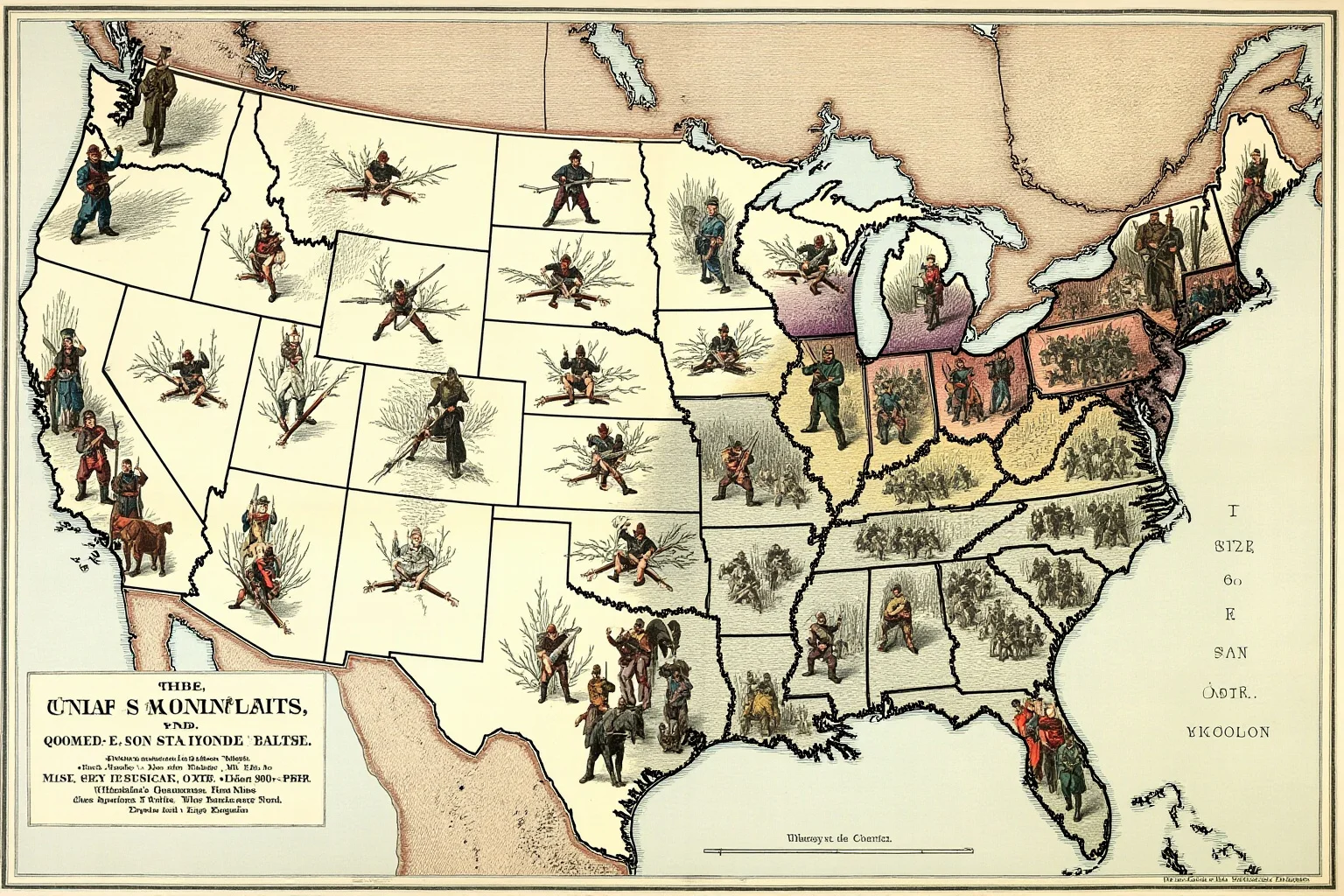 Illustration of a divided 19th-century American map with Union and Confederate soldiers facing each other
