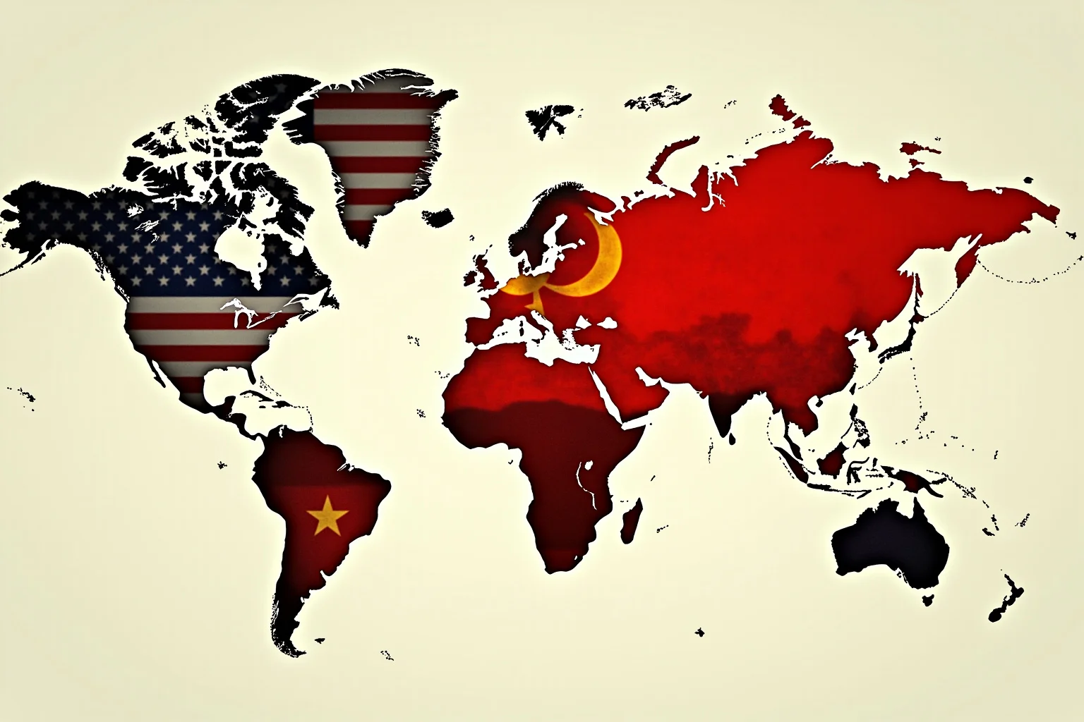 Illustration of a divided world map with US and Soviet flags on opposite sides, Cold War aesthetic