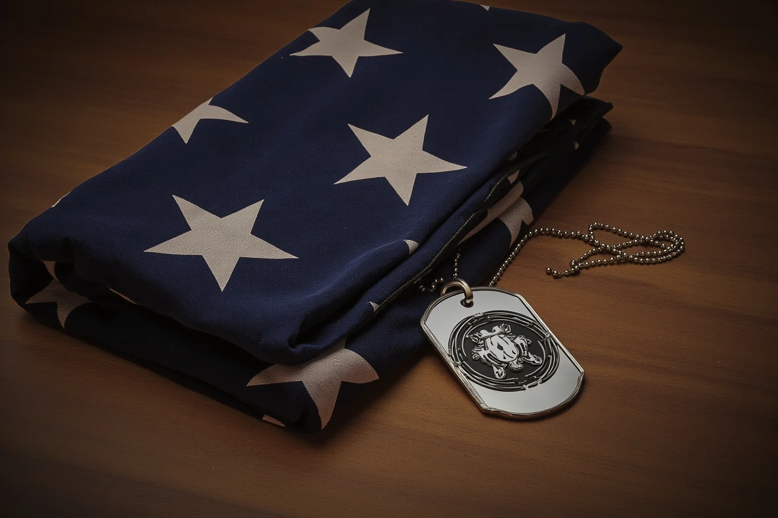 Illustration of a dog tag and folded flag on a wooden table, somber tone