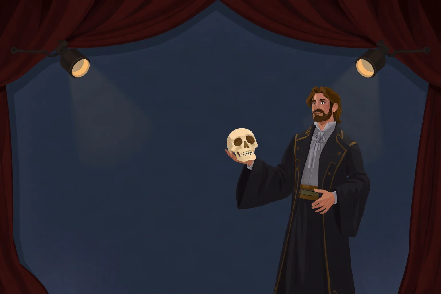 Illustration of a dramatic stage set with a lone actor in period costume holding a skull, dark theatrical lighting