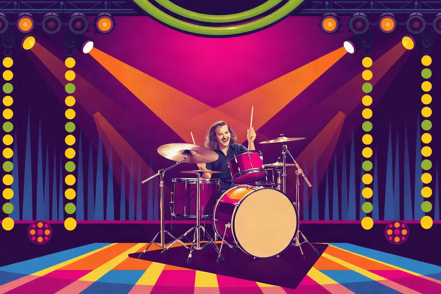 Illustration of a drummer performing behind a vintage drum kit on a colorful 1960s concert stage, poster art style