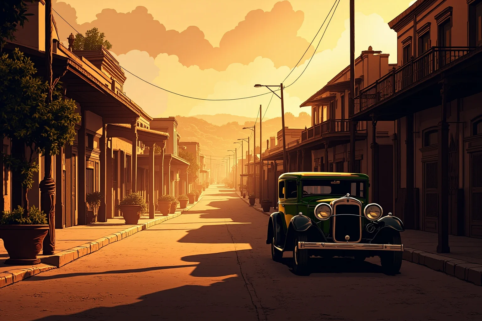 Illustration of a dusty 1920s Mexican town street scene with a parked vintage car, dramatic late-afternoon light