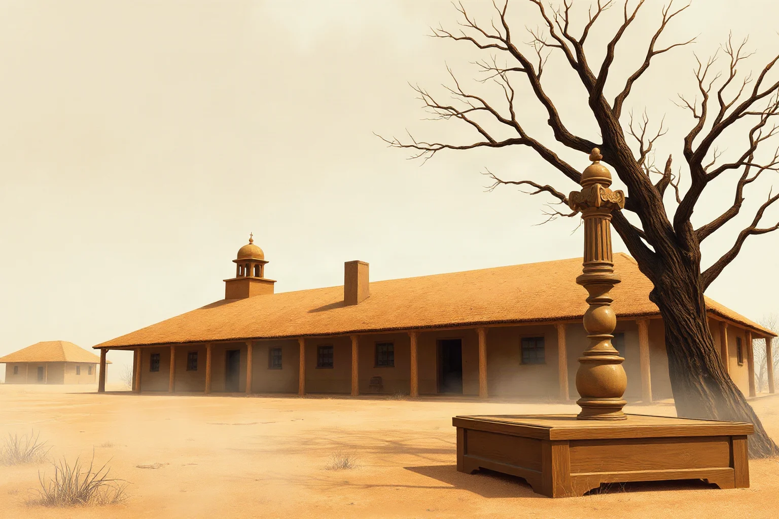 Illustration of a dusty African government compound with a courtroom gavel motif in the foreground