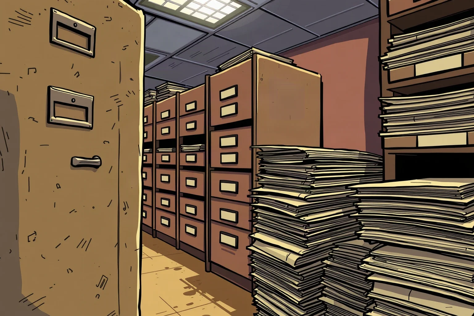 Illustration of a dusty file cabinet and stacked paper folders in a government archive room