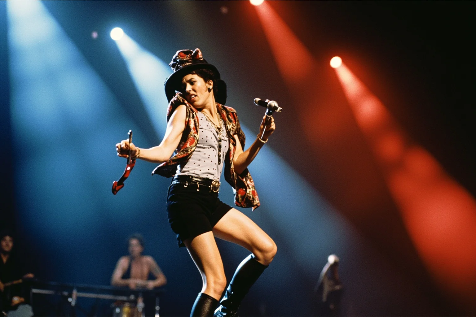Illustration of a dynamic 1980s pop performer mid-dance-move on a concert stage with dramatic colored lighting