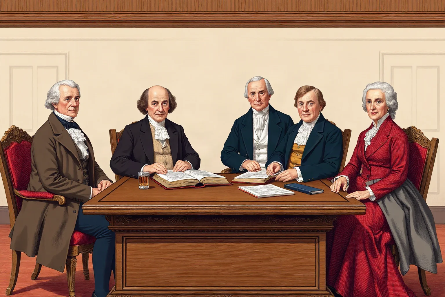 Illustration of a European banking family in formal 19th-century attire seated around a large wooden desk with ledgers