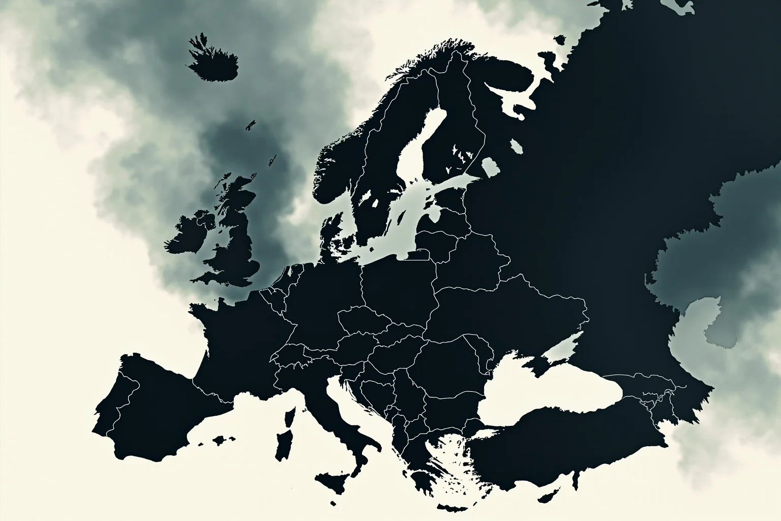 Illustration of a European map with dark shading spreading across countries, symbolizing fears of a dominant hostile power