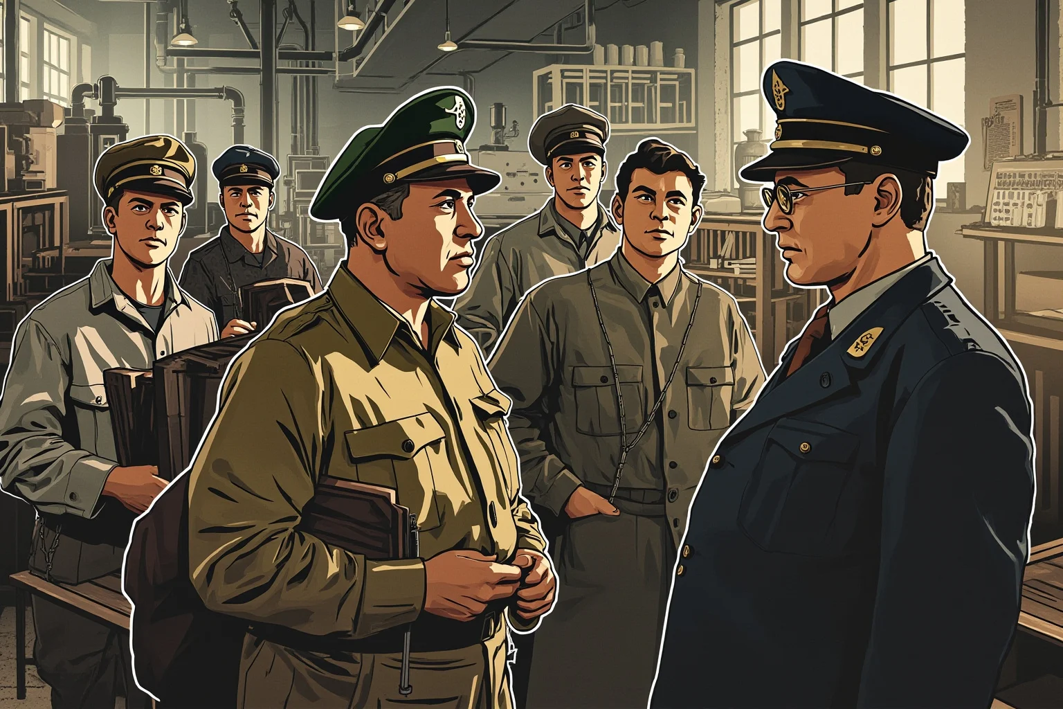 Illustration of a factory owner speaking quietly with workers in a World War II era industrial setting