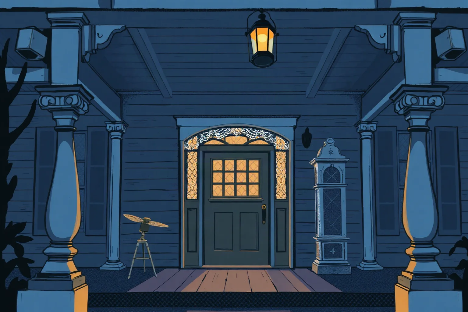Illustration of a faded southern mansion porch with a lace fan and dim lantern light, evoking A Streetcar Named Desire