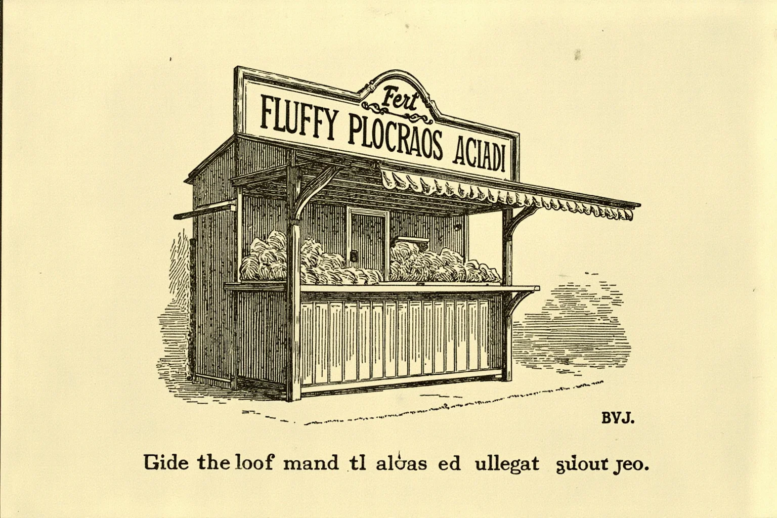 Illustration of a fairground booth selling a fluffy sugar treat with a price sign, early 1900s style