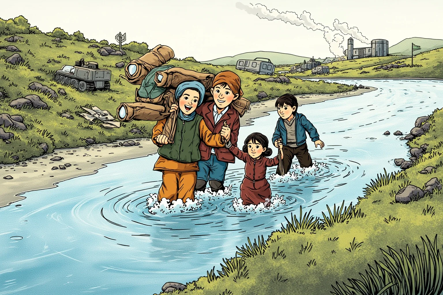 Illustration of a family wading through a river carrying belongings, chaotic wartime countryside in the background