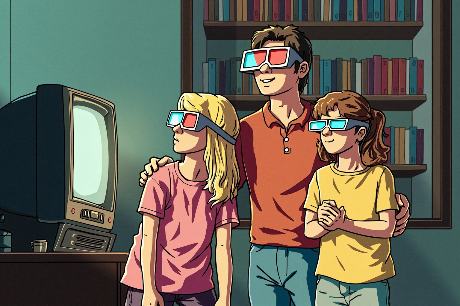 The Worst Inventions of All Time, Ranked 21 Illustration of a family wearing bulky 3D glasses in front of an old television set, 2010s living room