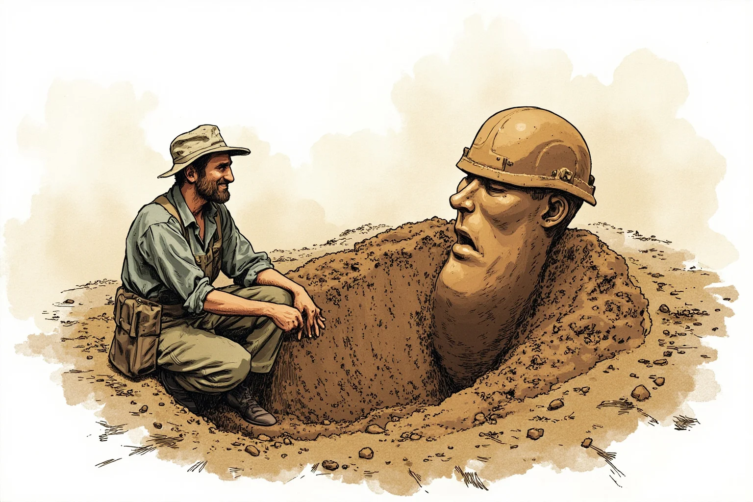 Illustration of a farmer kneeling beside a freshly unearthed clay soldier head in a dirt pit