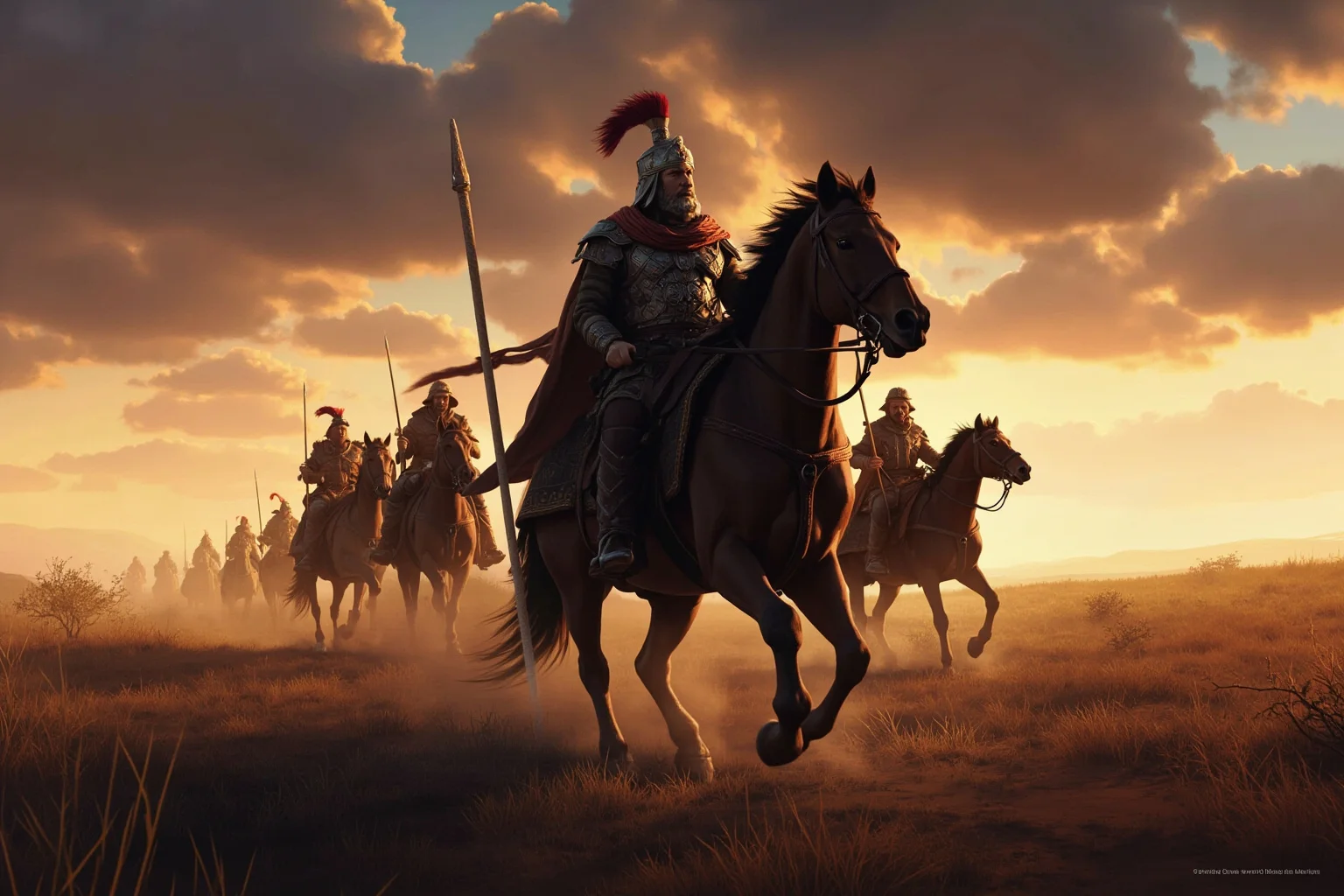 Illustration of a fearsome nomadic warlord leading horseback riders across a windswept steppe at dusk