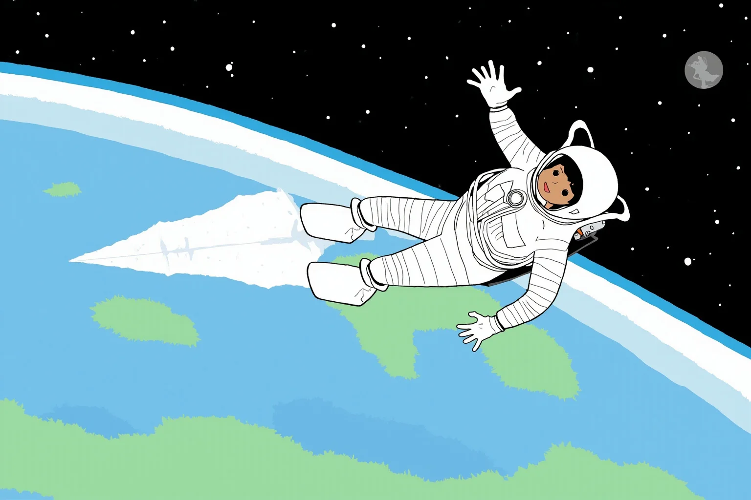 Illustration of a female astronaut in a white spacesuit performing a spacewalk outside the International Space Station