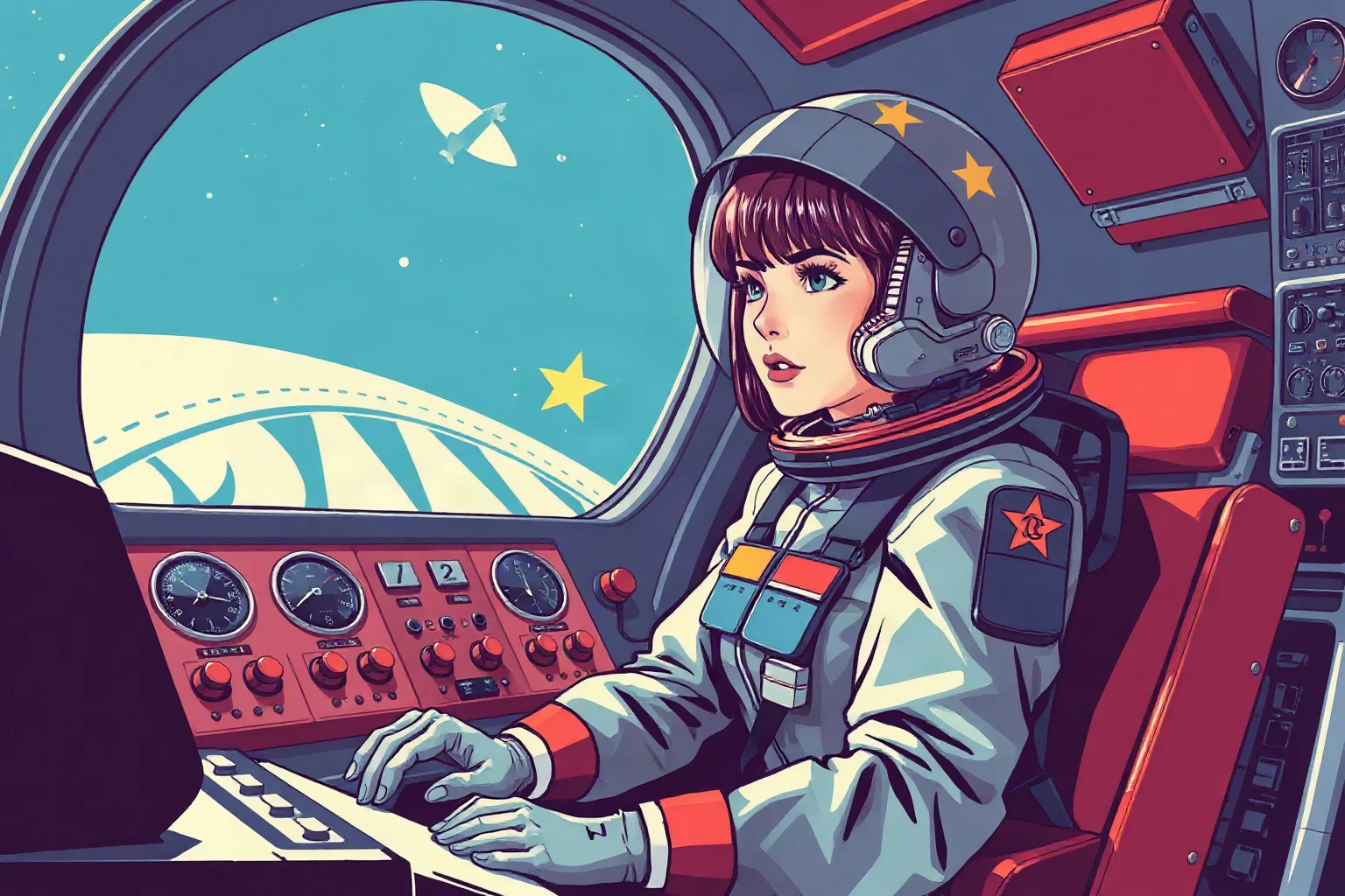 Illustration of a female cosmonaut inside a retro spacecraft cockpit surrounded by control panels, Soviet-era space poster style