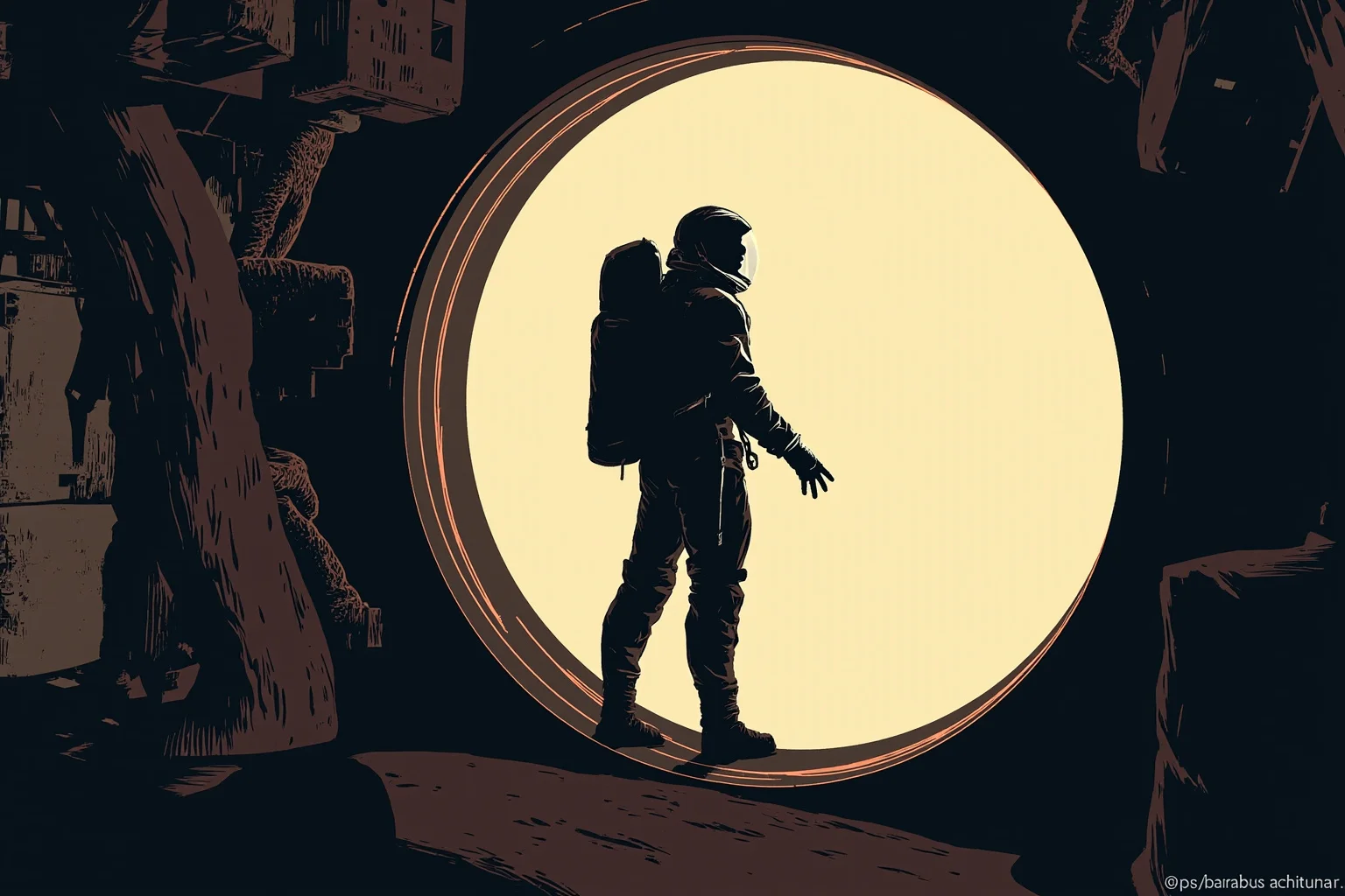 Facts About The Space Race: 25 Things Everyone Gets Wrong (or Right) 10 Illustration of a female cosmonaut silhouette in a vintage space suit near a round space capsule window