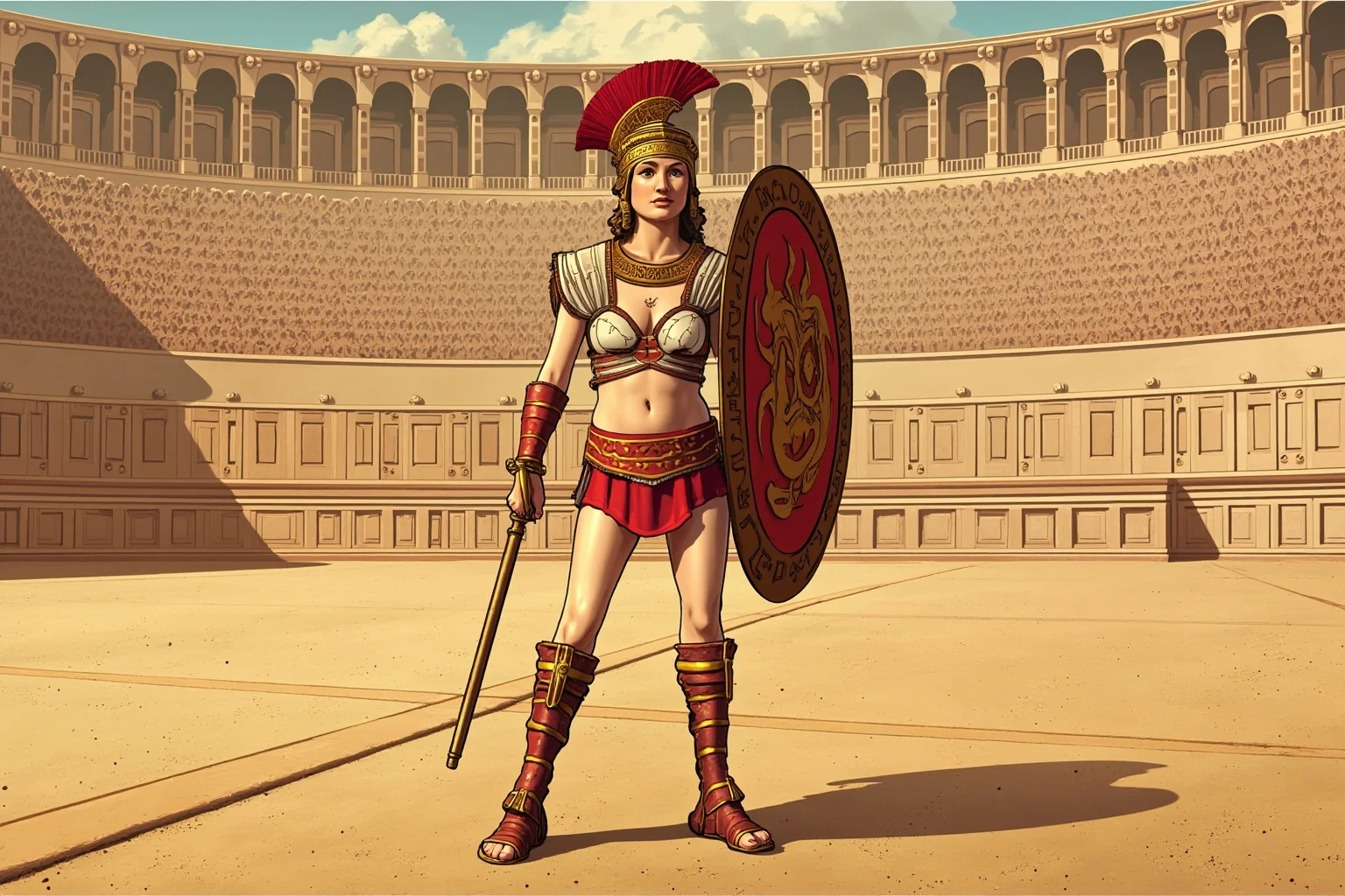 Illustration of a female gladiator with shield and weapon standing in an ancient arena