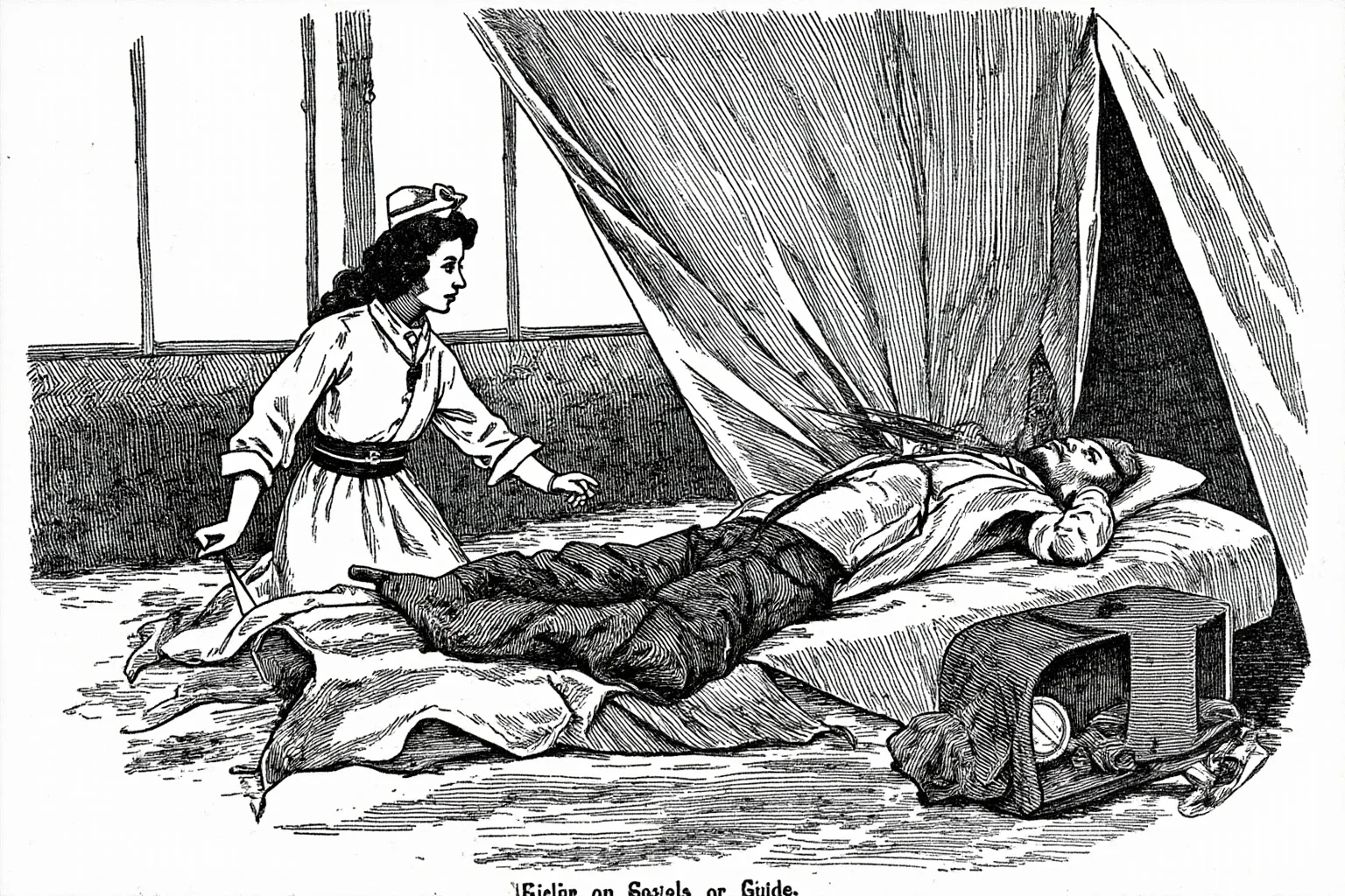 Illustration of a female nurse tending to a wounded soldier in a field hospital tent