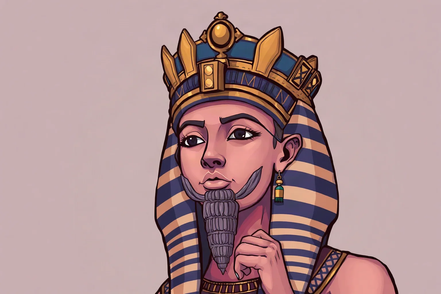 Illustration of a female pharaoh statue wearing a ceremonial false beard and traditional crown