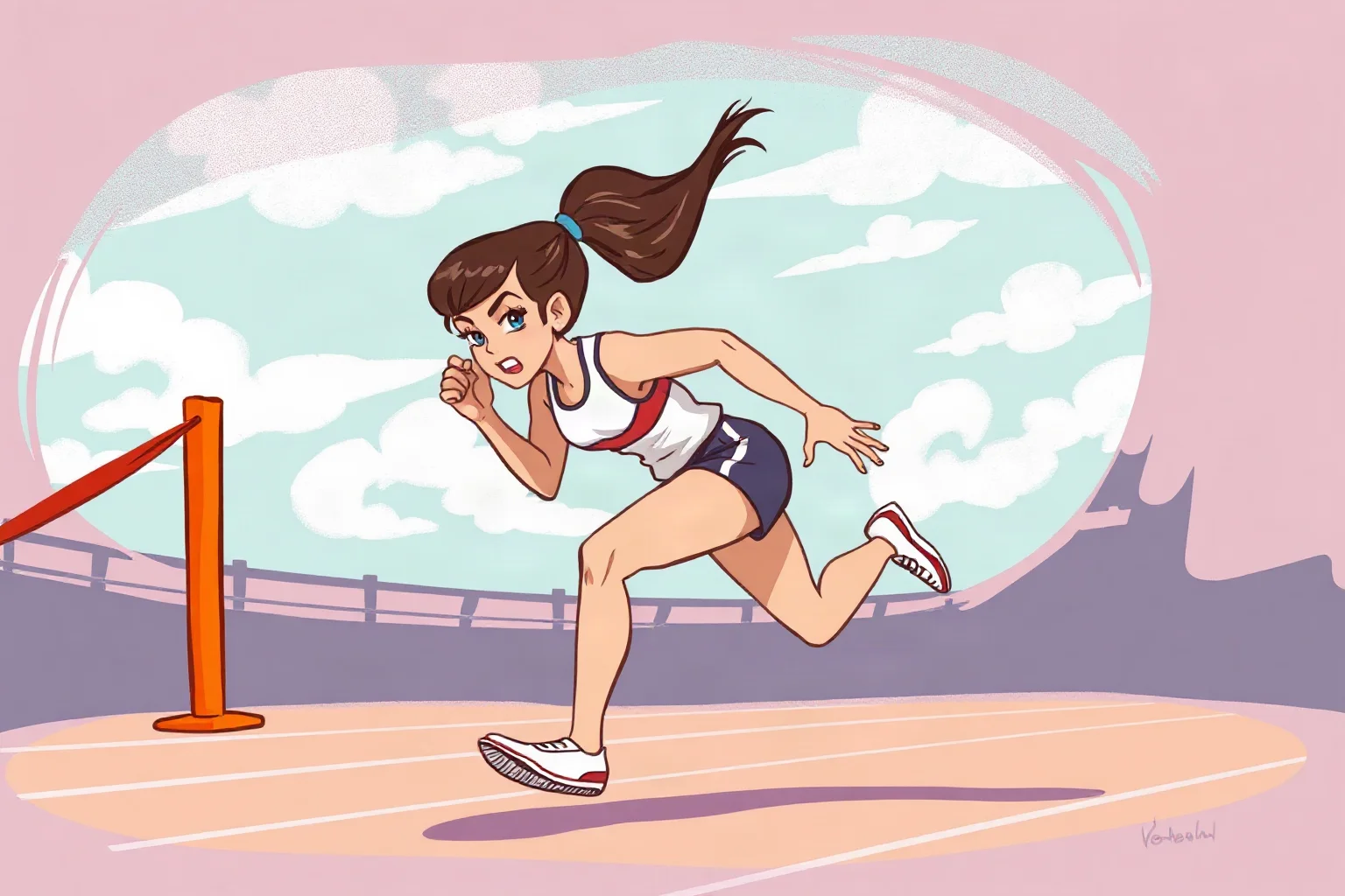 Illustration of a female sprinter crossing a finish line with a determined expression, 1960s style