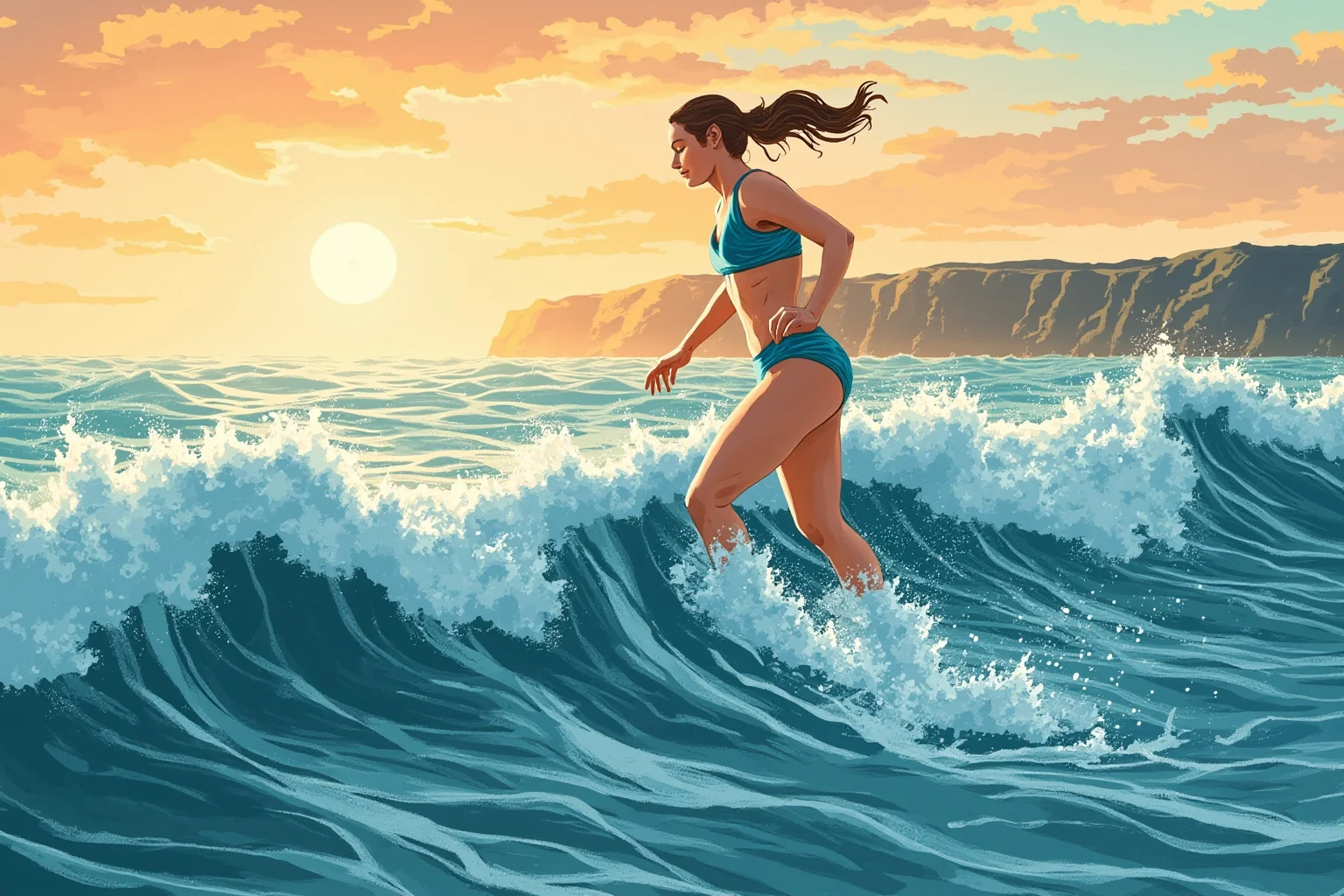 Female Athletes In History Who Changed The Game 4 Illustration of a female swimmer emerging from choppy ocean water at dawn, English coastline cliffs visible in the distance