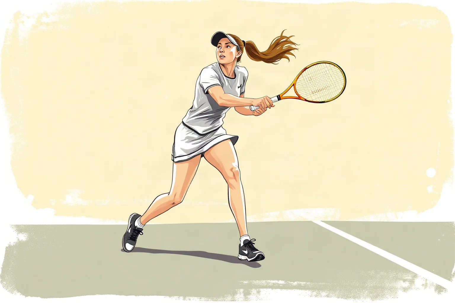 Illustration of a female tennis player mid-powerful groundstroke on a hard court