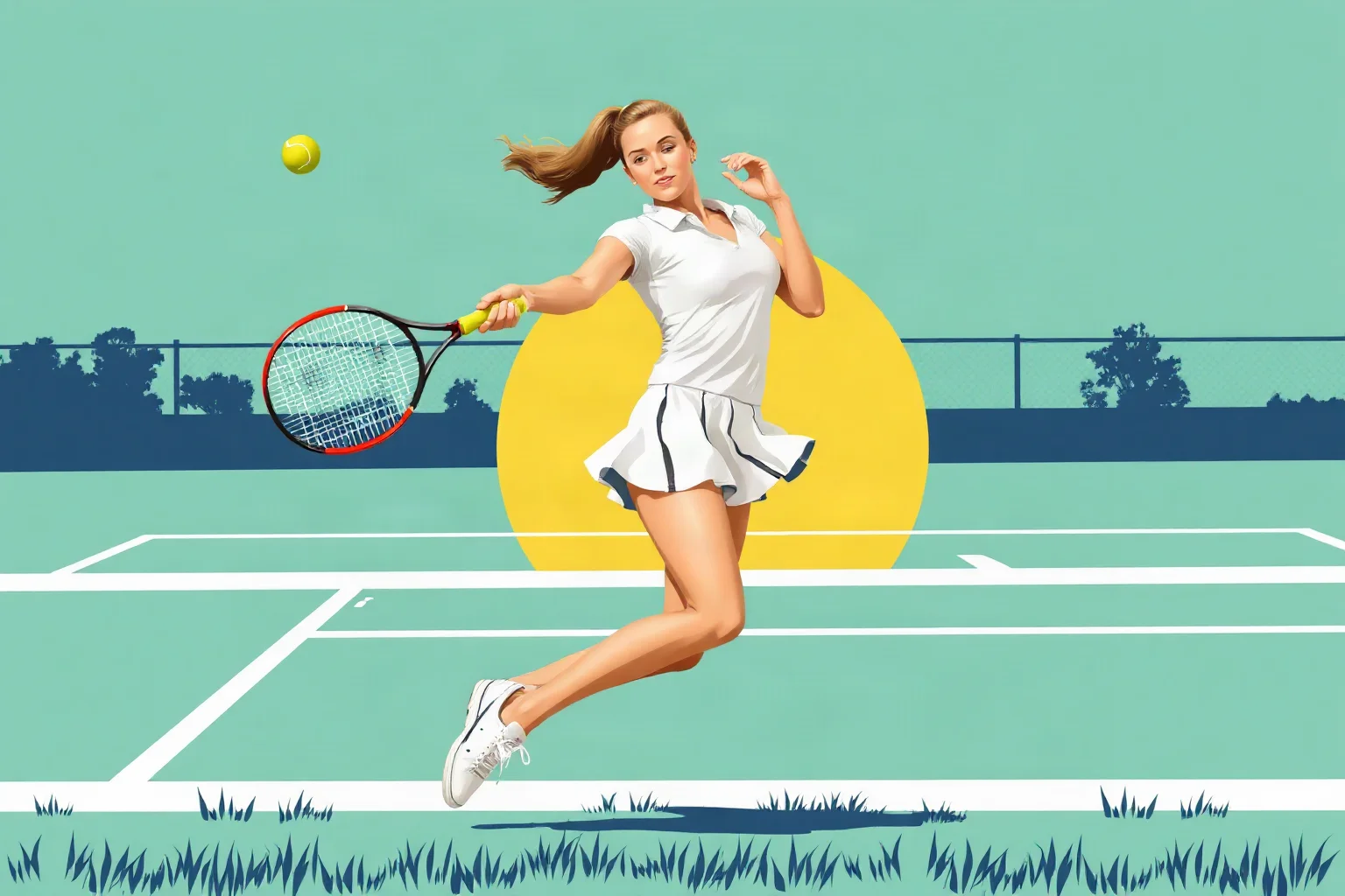 Illustration of a female tennis player mid-swing on a grass court, retro sports poster art style