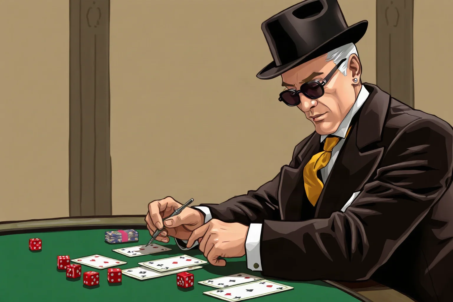 Illustration of a fictional 1920s sharp-dressed gambler and financier at a card table with cash and dice