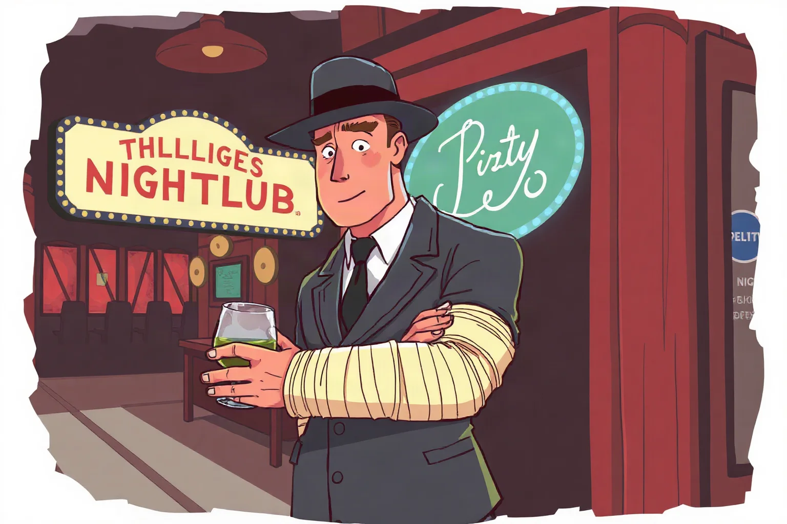 Illustration of a fictional 1930s bootlegger in a suit with a bandaged arm, standing outside a nightclub