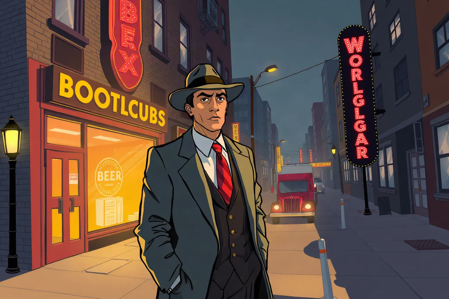 Illustration of a fictional 1930s Bronx bootlegger in a suit outside a nightclub with a beer truck nearby