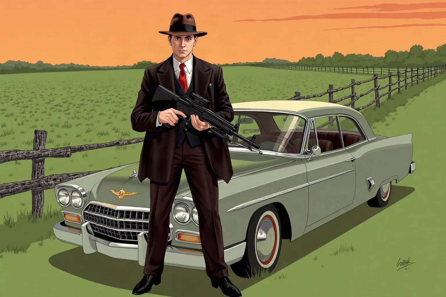 Illustration of a fictional 1930s gangster holding a machine gun beside a getaway car in a rural setting