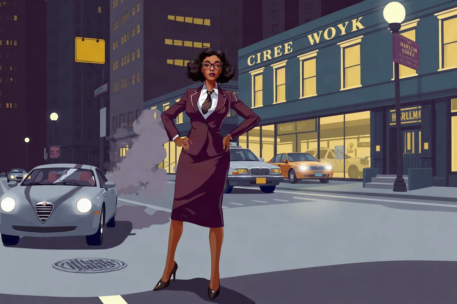 Illustration of a fictional 1930s stylish Black businesswoman crime boss standing confidently on a Harlem street