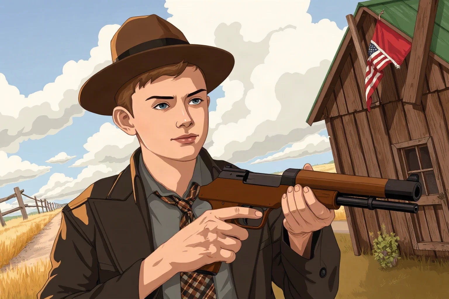 Illustration of a fictional 1930s young gangster with a tommy gun in a rural Midwest setting