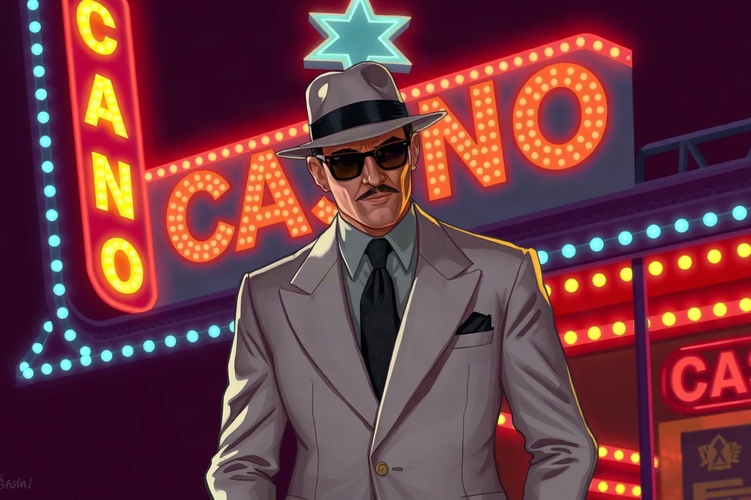 Illustration of a fictional 1940s gangster in a light suit standing in front of a glowing neon casino sign