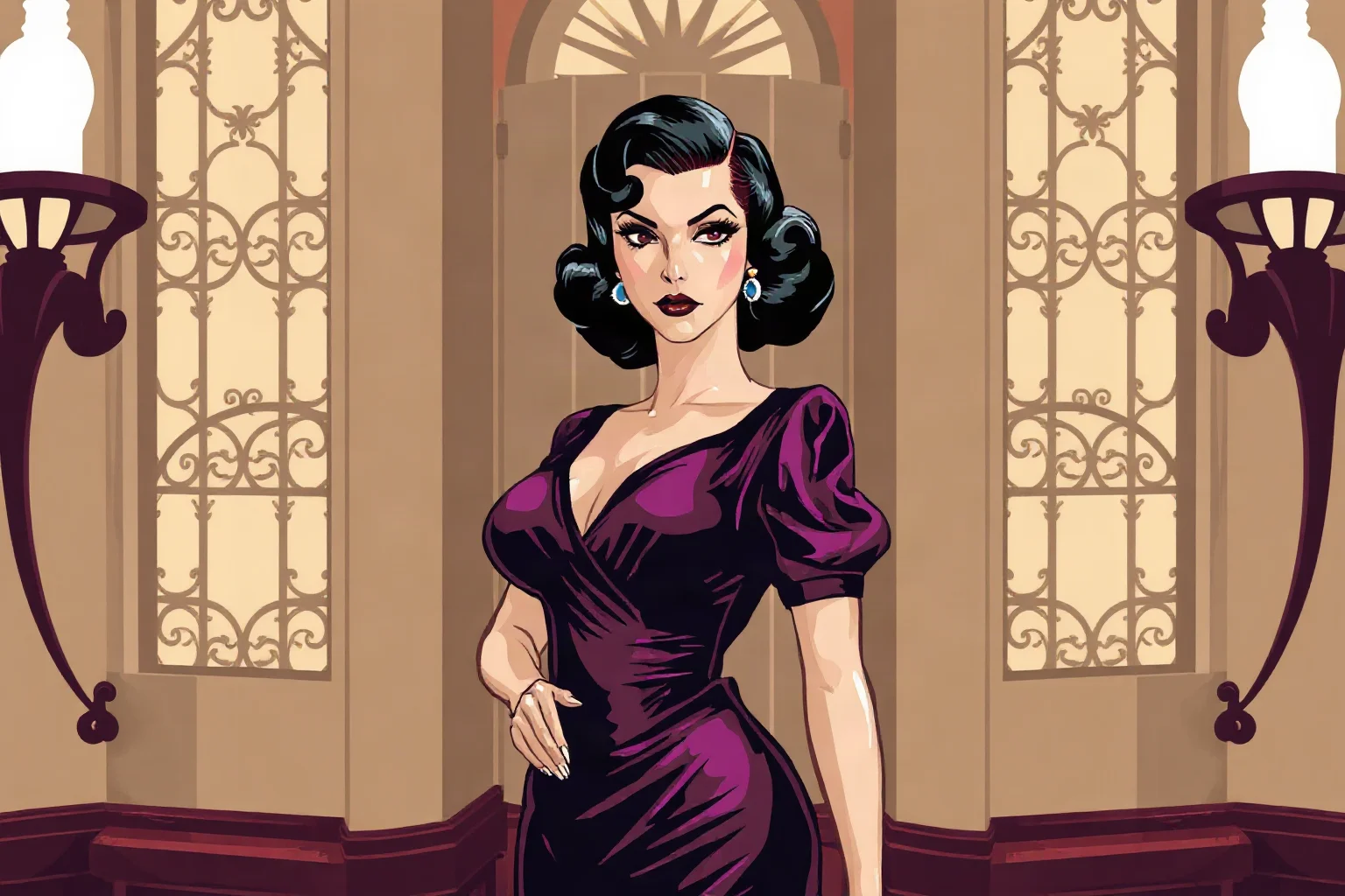 Illustration of a fictional 1940s glamorous woman in an elegant dress associated with the criminal underworld