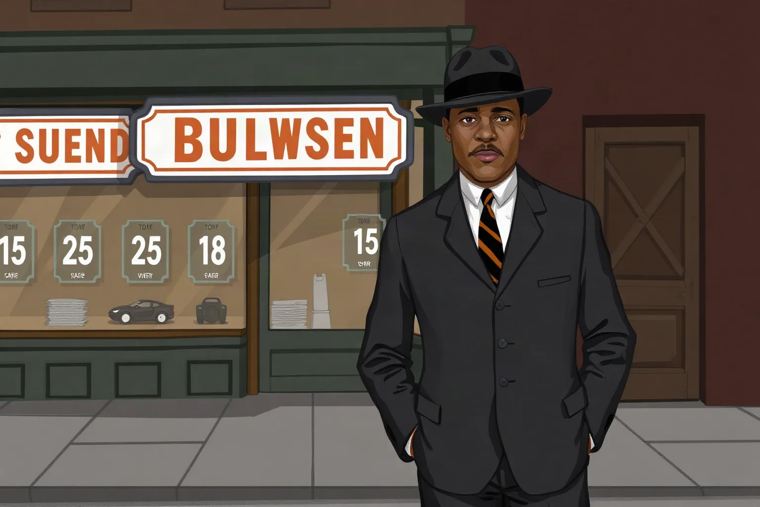 Illustration of a fictional 1940s Harlem crime boss in a tailored suit outside a numbers-running storefront