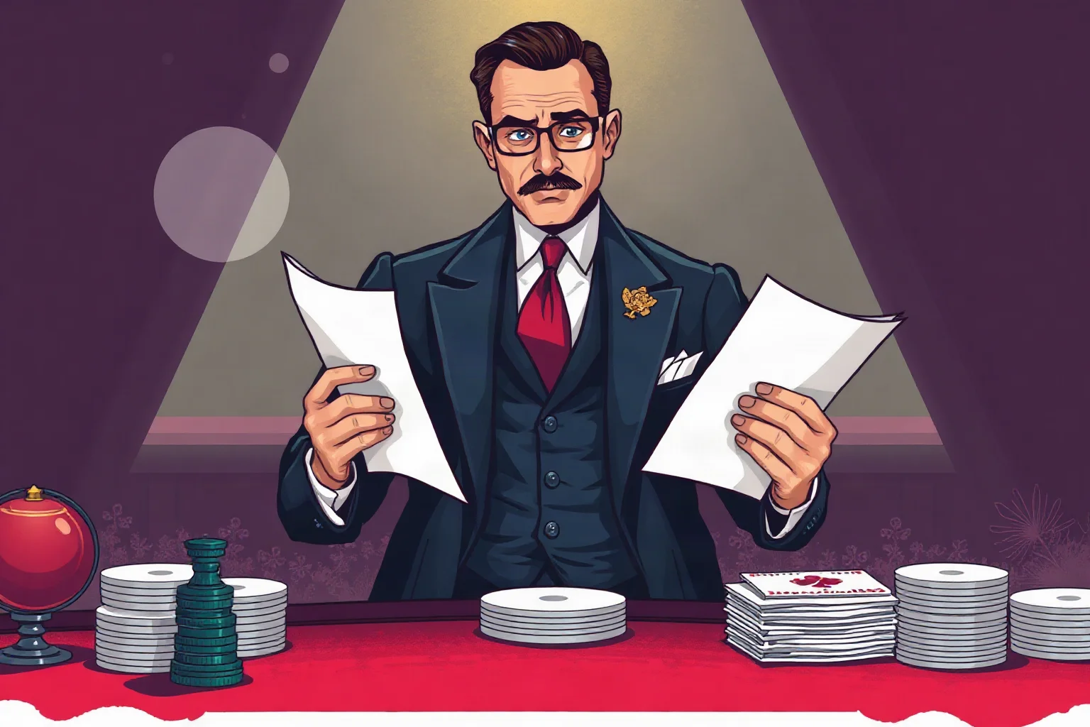 Illustration of a fictional 1940s well-dressed financier gangster figure holding papers near a casino table